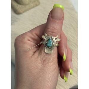 Sterling Silver White Water Turquoise Bull Bison Cow Steer Head Ring Adjustable
